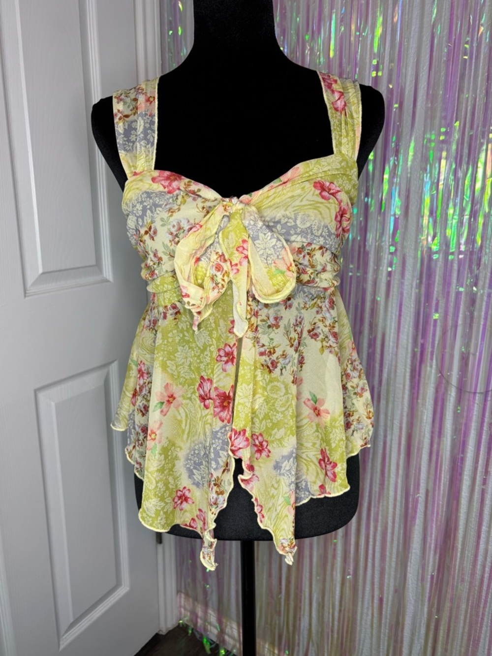 Y2K Floral Pleated Vacation Tie-Front Yellow Women's Camisole Summer Fit Sz M